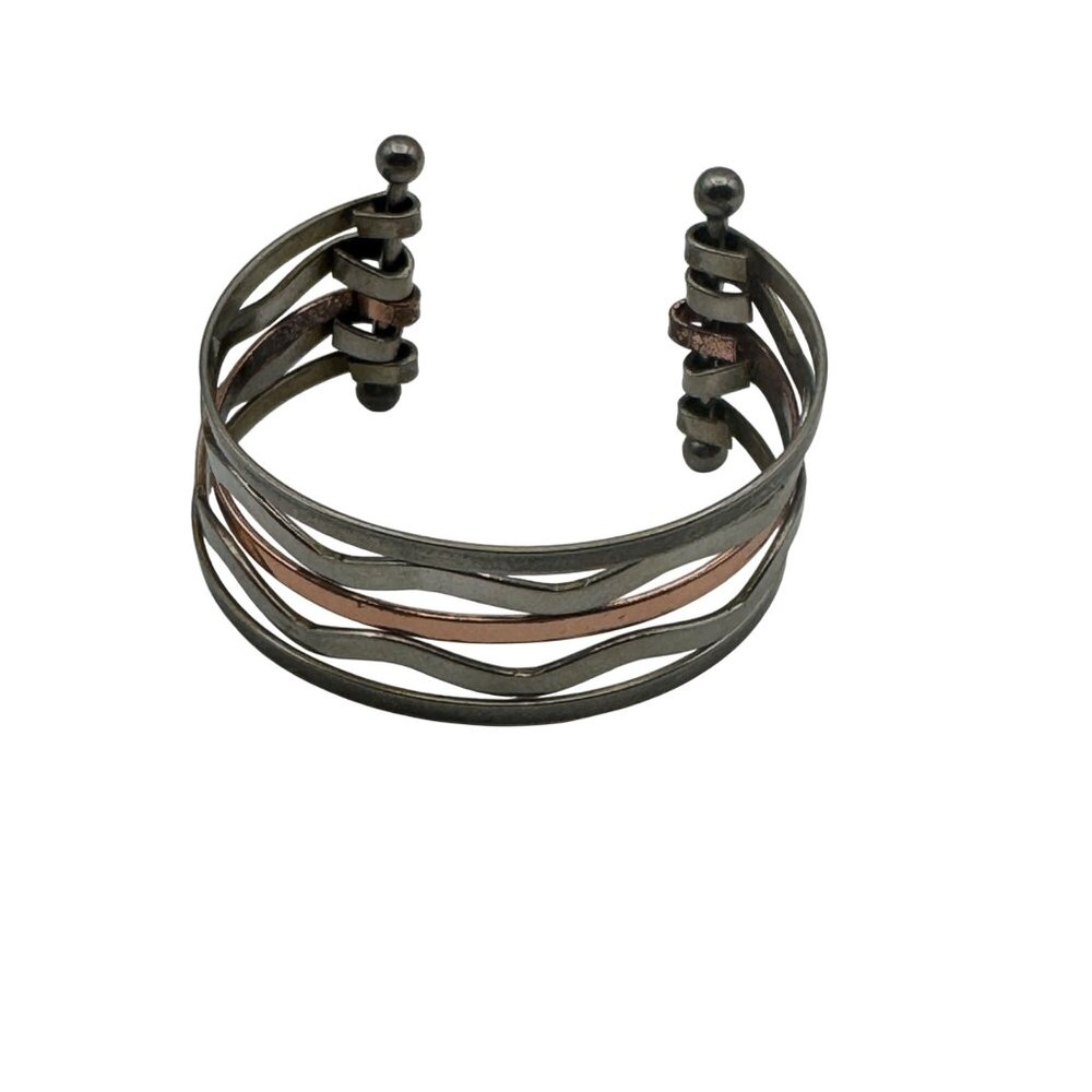 Silver Copper Cuff Bracelet Mixed Metal Open Band Wavy Design Adjustable